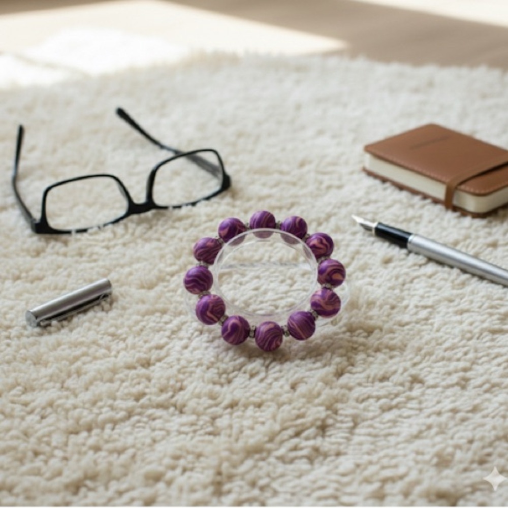Unique Artisan Purple Marble-Look Beaded Bracelet with Rhinestone Spacers - Picture 11 of 11